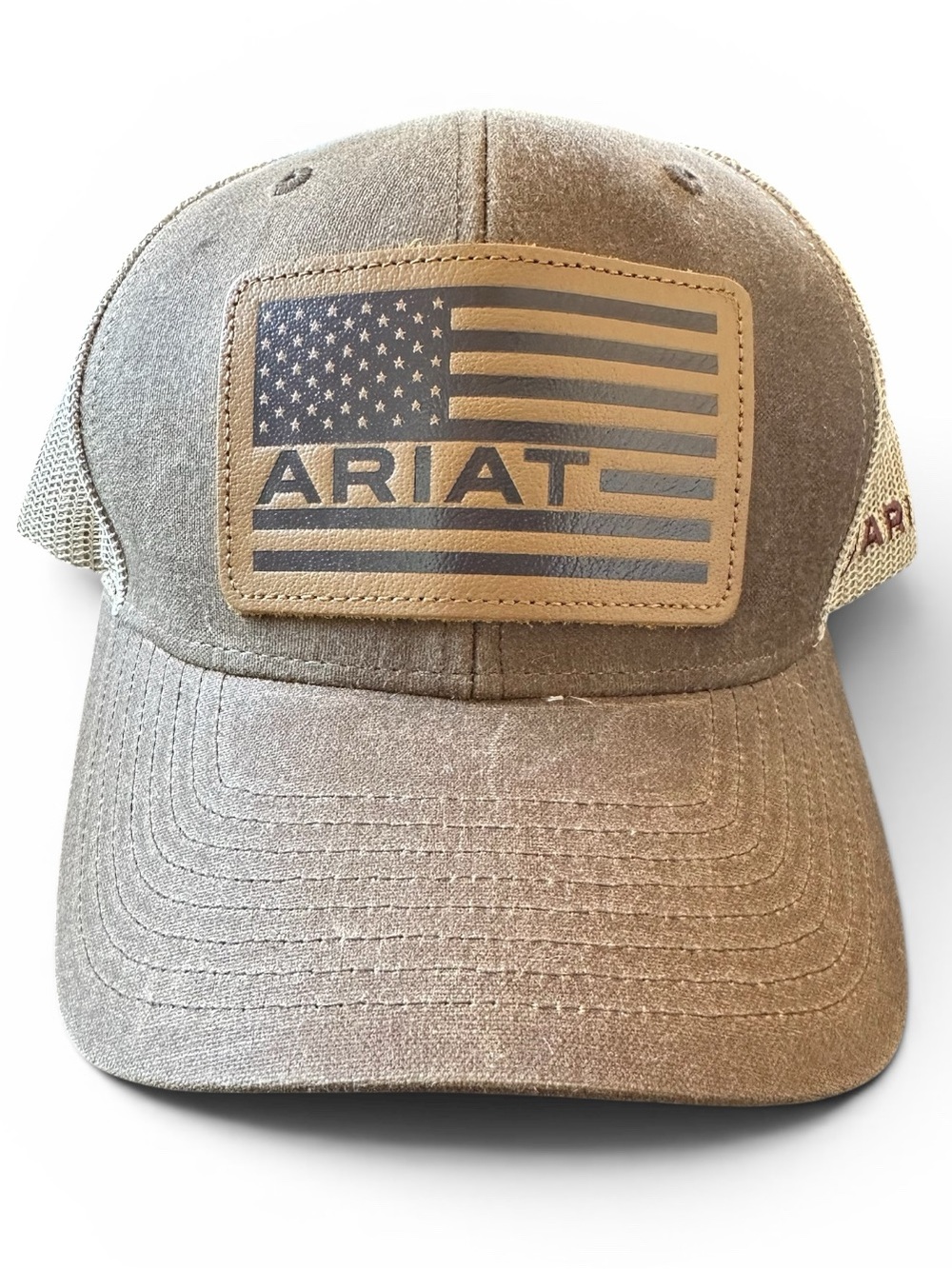 Ariat Brown Leather Flag Patch Mesh Trucker Hat Like New